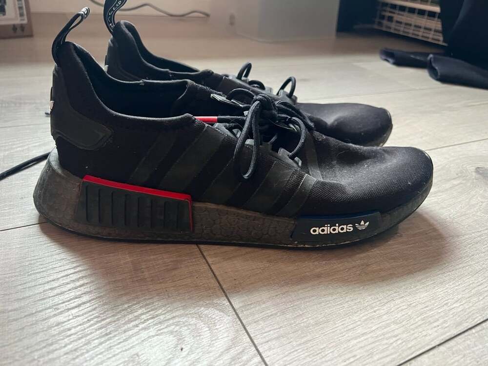 Adidas NMD_R1 Core Black Sneakers with Red and Blue Plugs